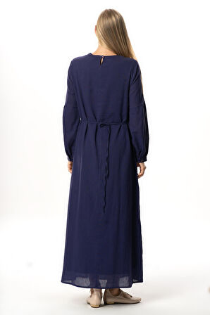 Uzun Kol Şile Bezi Gülşah Bisiklet Yaka Nakışlı Uzun Yazlık Elbise Mor Mor