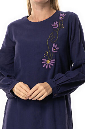 Uzun Kol Şile Bezi Gülşah Bisiklet Yaka Nakışlı Uzun Yazlık Elbise Mor Mor