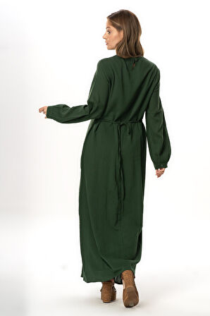 Uzun Kol Şile Bezi Gülşah Bisiklet Yaka Nakışlı Uzun Yazlık Elbise Yeşil Ysl