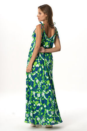 Askılı Viskon Suzan Uzun Yazlık Elbise Soyut Çimen Yeşil