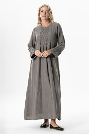 Uzun Kol Şahika Nervür Detaylı Uzun Müslin Yazlık Elbise Gri Gri