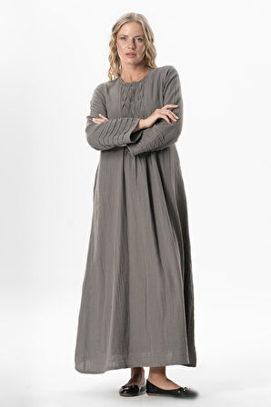 Uzun Kol Şahika Nervür Detaylı Uzun Müslin Yazlık Elbise Gri Gri