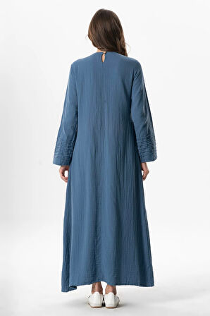 Uzun Kol Şahika Nervür Detaylı Uzun Müslin Yazlık Elbise İndigo indg