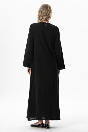 Uzun Kol Şahika Nervür Detaylı Uzun Müslin Yazlık Elbise Siyah Syh