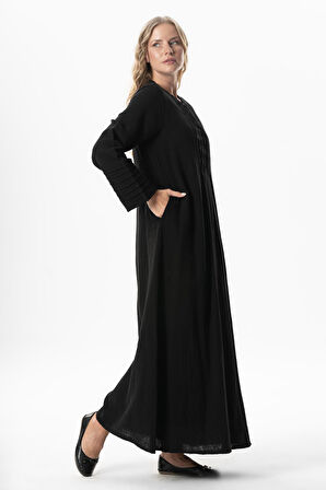 Uzun Kol Şahika Nervür Detaylı Uzun Müslin Yazlık Elbise Siyah Syh