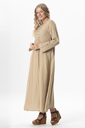 Uzun Kol Şahika Nervür Detaylı Uzun Müslin Yazlık Elbise Vizon Vzn