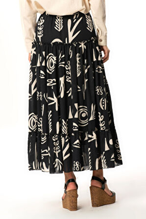 Hale Şile Bezi Yazlık Desenli Uzun Etek Siyah Syh