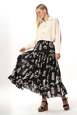 Hale Şile Bezi Yazlık Desenli Uzun Etek Siyah Syh