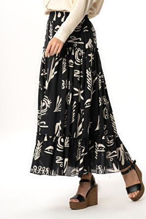 Hale Şile Bezi Yazlık Desenli Uzun Etek Siyah Syh