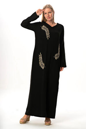 Uzun Kol Yaprak V Yaka Baskılı Müslin Uzun Otantik Yazlık Elbise Siyah-Siyah Syh/Syh