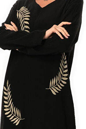 Uzun Kol Yaprak V Yaka Baskılı Müslin Uzun Otantik Yazlık Elbise Siyah-Siyah Syh/Syh