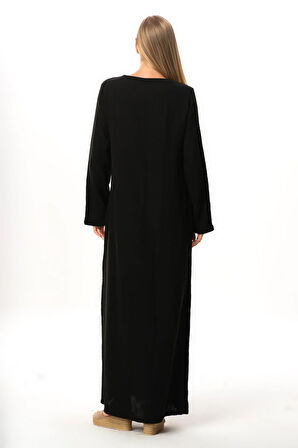 Uzun Kol Yaprak V Yaka Baskılı Müslin Uzun Otantik Yazlık Elbise Siyah-Siyah Syh/Syh