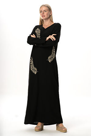 Uzun Kol Yaprak V Yaka Baskılı Müslin Uzun Otantik Yazlık Elbise Siyah-Siyah Syh/Syh