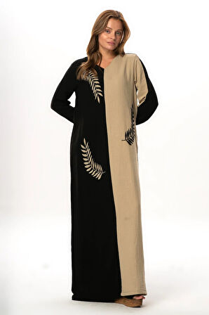 Uzun Kol Yaprak V Yaka Baskılı Müslin Uzun Otantik Yazlık Elbise Siyah/Vizon Syh/Vzn