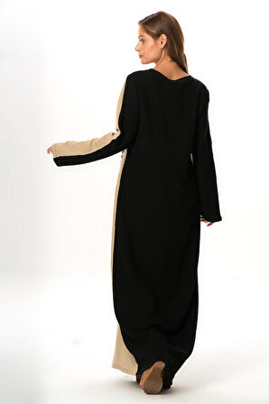 Uzun Kol Yaprak V Yaka Baskılı Müslin Uzun Otantik Yazlık Elbise Siyah/Vizon Syh/Vzn