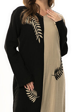 Uzun Kol Yaprak V Yaka Baskılı Müslin Uzun Otantik Yazlık Elbise Siyah/Vizon Syh/Vzn