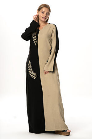 Uzun Kol Yaprak V Yaka Baskılı Müslin Uzun Otantik Yazlık Elbise Siyah/Vizon Syh/Vzn