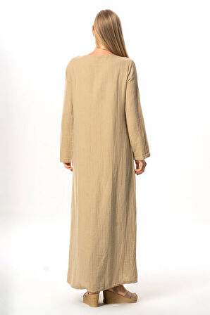 Uzun Kol Yaprak V Yaka Baskılı Müslin Uzun Otantik Yazlık Elbise Vizon/Haki Vzn/Hk