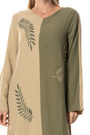 Uzun Kol Yaprak V Yaka Baskılı Müslin Uzun Otantik Yazlık Elbise Vizon/Haki Vzn/Hk