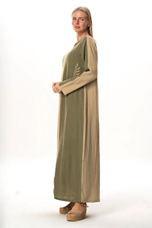 Uzun Kol Yaprak V Yaka Baskılı Müslin Uzun Otantik Yazlık Elbise Vizon/Haki Vzn/Hk