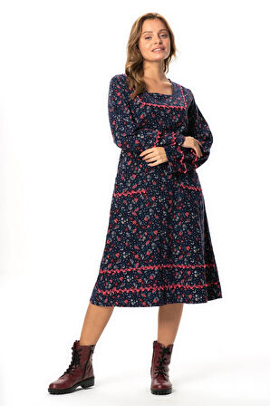 Uzun Kol Firdevs Kare Yaka Cep Detaylı Kısa Kışlık Pazen Elbise Çiçek Desen Lacivert Lcvt