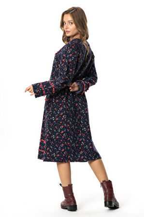 Uzun Kol Firdevs Kare Yaka Cep Detaylı Kısa Kışlık Pazen Elbise Çiçek Desen Lacivert Lcvt