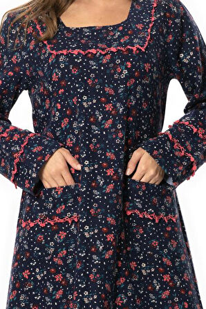 Uzun Kol Firdevs Kare Yaka Cep Detaylı Kısa Kışlık Pazen Elbise Çiçek Desen Lacivert Lcvt