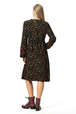 Uzun Kol Firdevs Kare Yaka Cep Detaylı Kısa Kışlık Pazen Elbise Çiçek Desen Siyah Syh