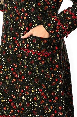 Uzun Kol Firdevs Kare Yaka Cep Detaylı Kısa Kışlık Pazen Elbise Çiçek Desen Siyah Syh