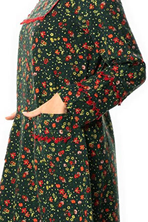 Uzun Kol Firdevs Kare Yaka Cep Detaylı Kısa Kışlık Pazen Elbise Çiçek Desen Yeşil Ysl