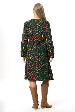 Uzun Kol Firdevs Kare Yaka Cep Detaylı Kısa Kışlık Pazen Elbise Çiçek Desen Yeşil Ysl