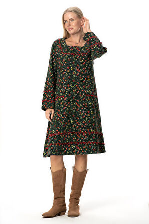 Uzun Kol Firdevs Kare Yaka Cep Detaylı Kısa Kışlık Pazen Elbise Çiçek Desen Yeşil Ysl