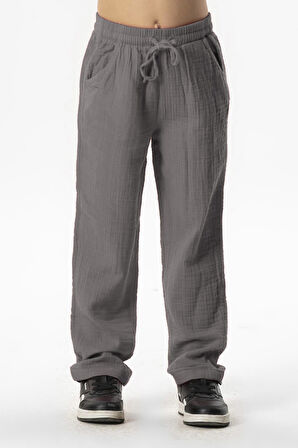 Beli Lastikli Müslin Cepli Yazlık Çocuk Pantolon Gri Gri