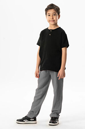 Beli Lastikli Müslin Cepli Yazlık Çocuk Pantolon Gri Gri