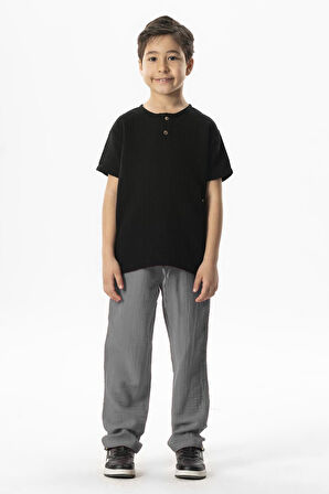 Beli Lastikli Müslin Cepli Yazlık Çocuk Pantolon Gri Gri