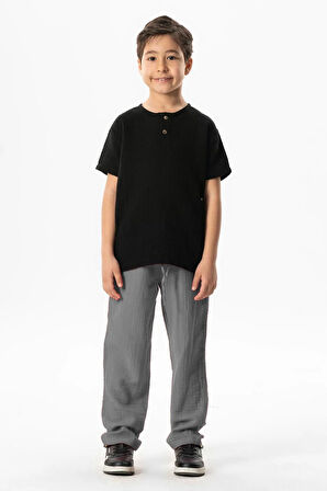 Beli Lastikli Müslin Cepli Yazlık Çocuk Pantolon Gri Gri