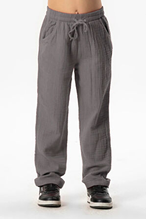 Beli Lastikli Müslin Cepli Yazlık Çocuk Pantolon Gri Gri