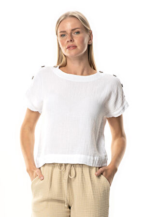 Kısa Kol Serap Bisiklet Yaka Müslin Yazlık Bluz Beyaz Byz