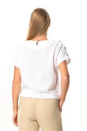 Kısa Kol Serap Bisiklet Yaka Müslin Yazlık Bluz Beyaz Byz