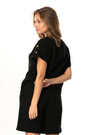 Kısa Kol Serap Bisiklet Yaka Müslin Yazlık Bluz Siyah Syh