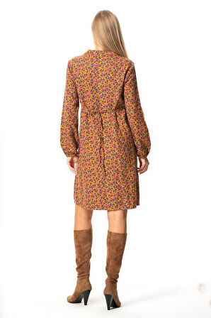 Uzun Kol Fahriye Pazen Çiçek Desenli V Yaka Kısa Sonbahar ve Kışlık Elbise Hardal Hrd