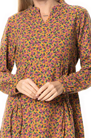 Uzun Kol Fahriye Pazen Çiçek Desenli V Yaka Kısa Sonbahar ve Kışlık Elbise Hardal Hrd