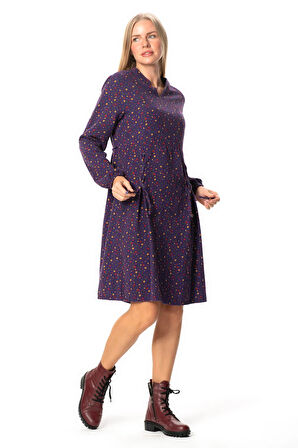Uzun Kol Fahriye Pazen Çiçek Desenli V Yaka Kısa Sonbahar ve Kışlık Elbise Mor Mor