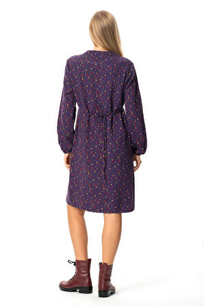 Uzun Kol Fahriye Pazen Çiçek Desenli V Yaka Kısa Sonbahar ve Kışlık Elbise Mor Mor