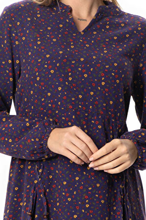 Uzun Kol Fahriye Pazen Çiçek Desenli V Yaka Kısa Sonbahar ve Kışlık Elbise Mor Mor