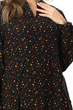 Uzun Kol Fahriye Pazen Çiçek Desenli V Yaka Kısa Sonbahar ve Kışlık Elbise Siyah Syh