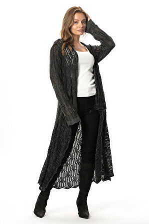 Uzun Kol Sena Asimetrik Kesim Sonbahar ve Kışlık Salaş Cepli Triko Hırka Füme Fm