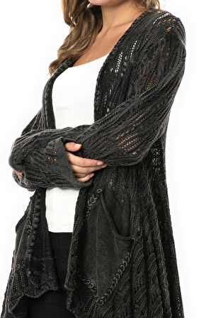 Uzun Kol Sena Asimetrik Kesim Sonbahar ve Kışlık Salaş Cepli Triko Hırka Füme Fm