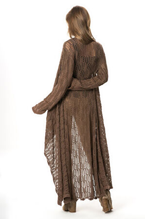 Uzun Kol Sena Asimetrik Kesim Sonbahar ve Kışlık Salaş Cepli Triko Hırka Kahve Khv