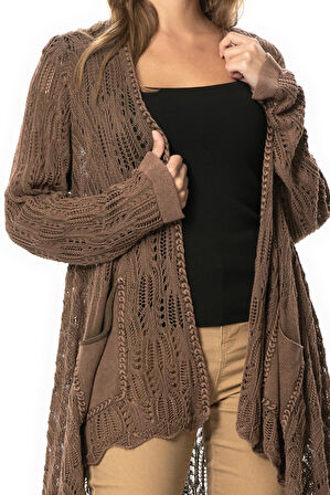 Uzun Kol Sena Asimetrik Kesim Sonbahar ve Kışlık Salaş Cepli Triko Hırka Kahve Khv